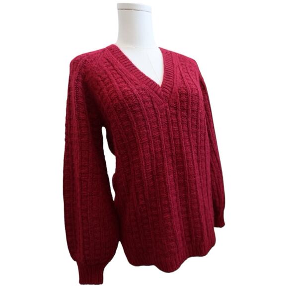 Faherty Aria Burgundy Wool and Alpaca Knit Sweater V-Neck Balloon Sleeves Size S - Picture 4 of 15